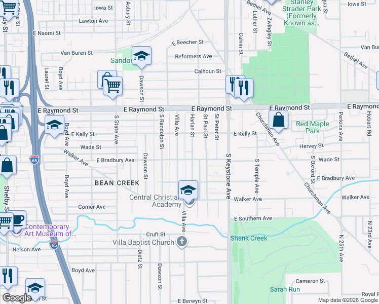 map of restaurants, bars, coffee shops, grocery stores, and more near 2332 Harlan Street in Indianapolis