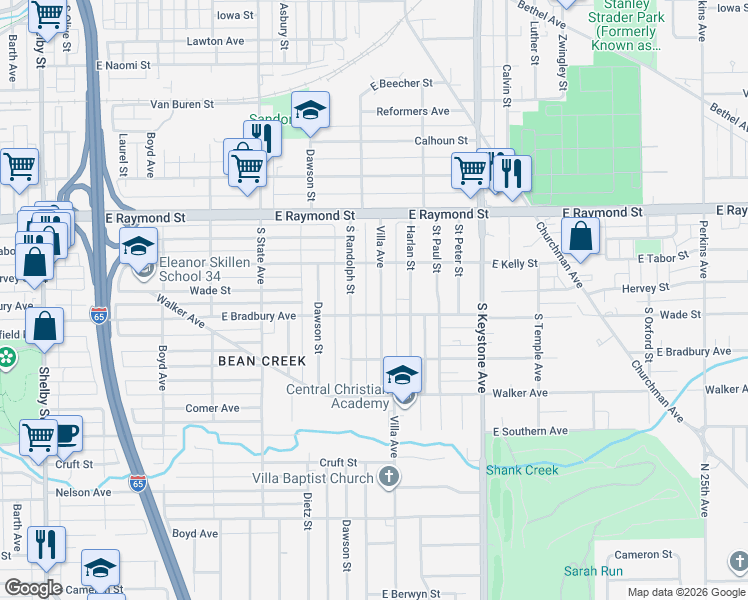 map of restaurants, bars, coffee shops, grocery stores, and more near 2336 Villa Avenue in Indianapolis