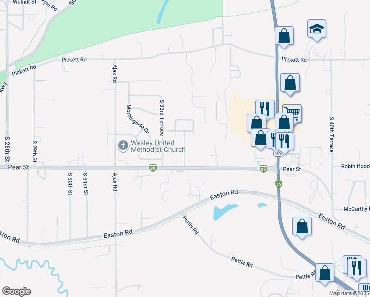map of restaurants, bars, coffee shops, grocery stores, and more near 3301 South 35th Street in Saint Joseph