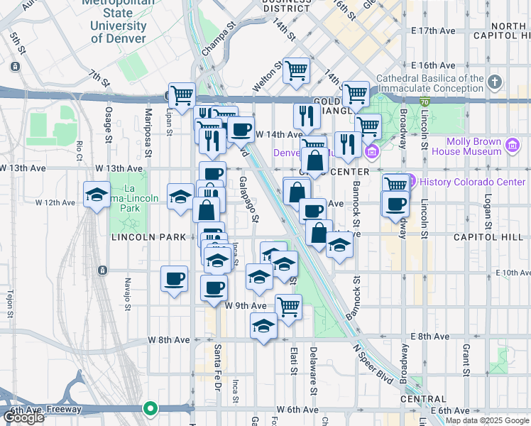 map of restaurants, bars, coffee shops, grocery stores, and more near 1150 Galapago Street in Denver