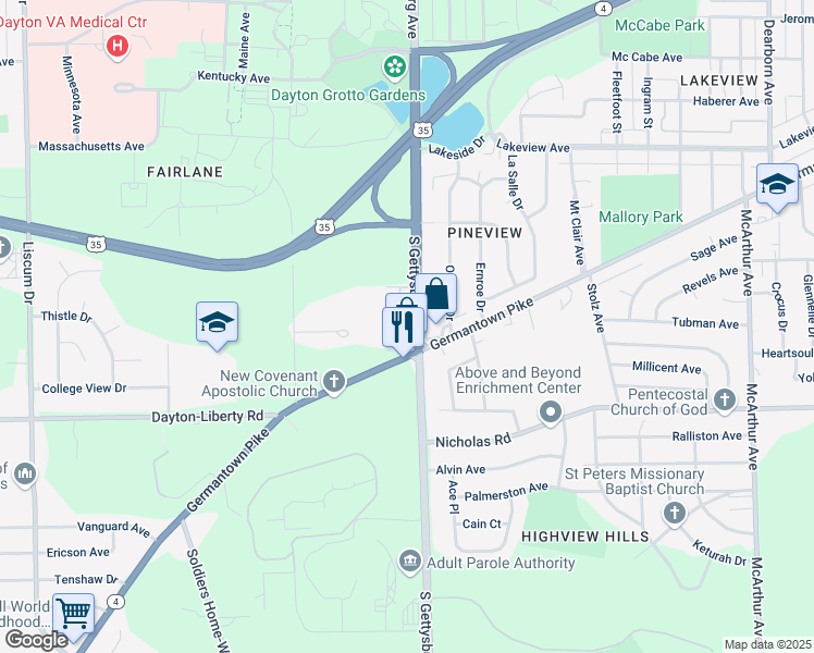 map of restaurants, bars, coffee shops, grocery stores, and more near 869 South Gettysburg Avenue in Dayton