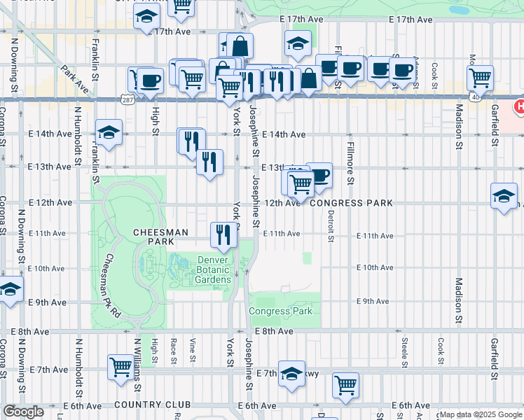 map of restaurants, bars, coffee shops, grocery stores, and more near 1160 Josephine Street in Denver