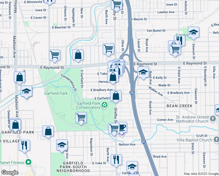map of restaurants, bars, coffee shops, grocery stores, and more near 1040 East Bradbury Avenue in Indianapolis