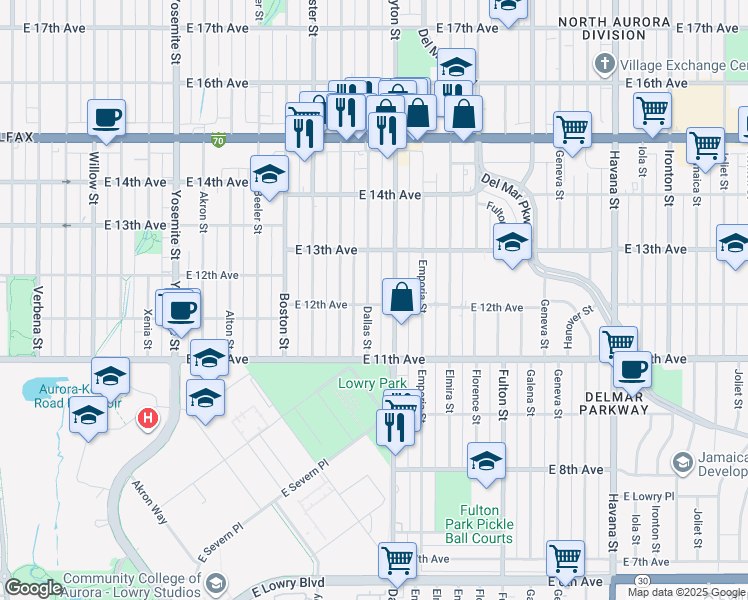 map of restaurants, bars, coffee shops, grocery stores, and more near 1208 Dallas Street in Aurora