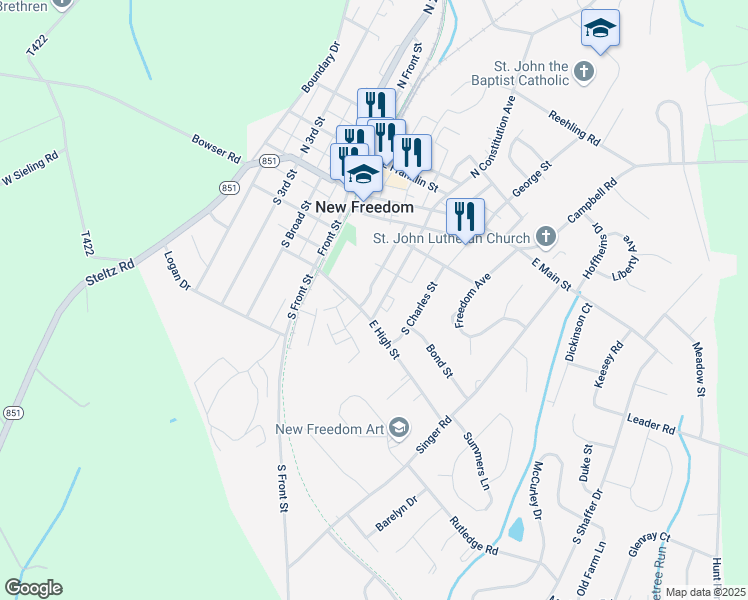 map of restaurants, bars, coffee shops, grocery stores, and more near 47 East High Street in New Freedom
