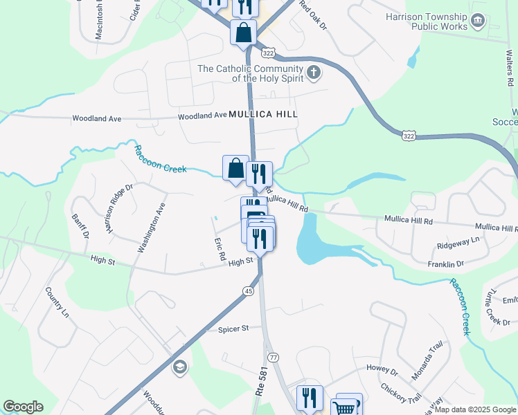 map of restaurants, bars, coffee shops, grocery stores, and more near 8 South Main Street in Harrison Township