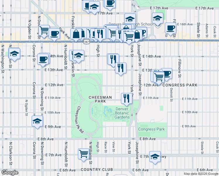map of restaurants, bars, coffee shops, grocery stores, and more near in Denver