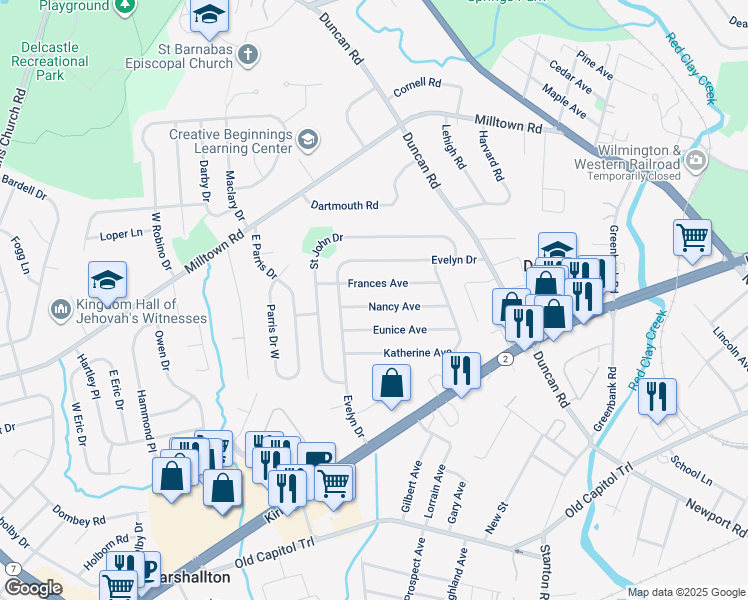 map of restaurants, bars, coffee shops, grocery stores, and more near 3827 Nancy Avenue in Wilmington