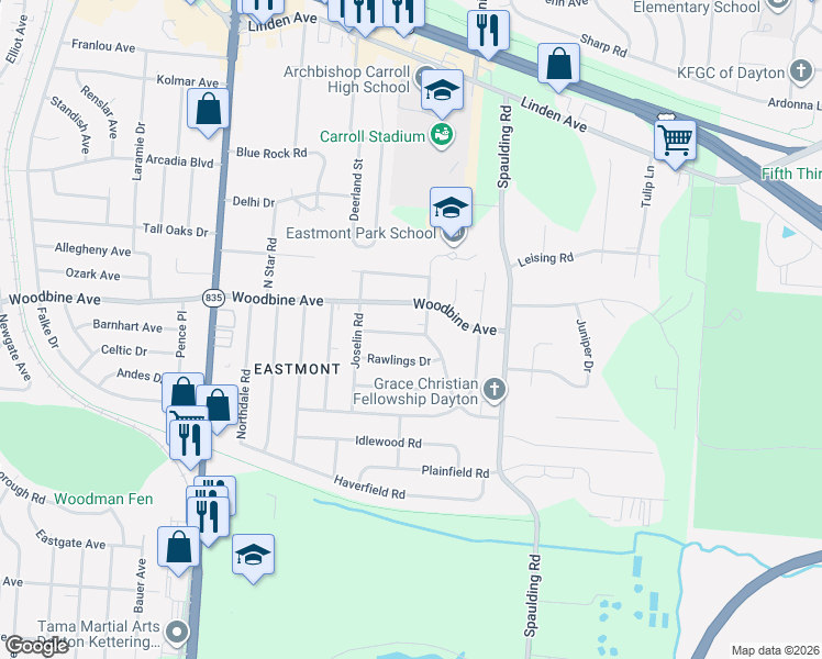 map of restaurants, bars, coffee shops, grocery stores, and more near 5385 Pickford Dr in Dayton