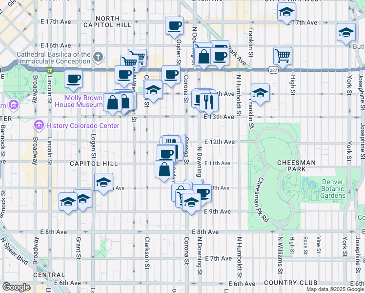 map of restaurants, bars, coffee shops, grocery stores, and more near 1165 Corona Street in Denver