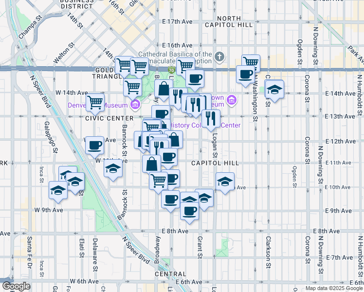 map of restaurants, bars, coffee shops, grocery stores, and more near 1151 Sherman Street in Denver