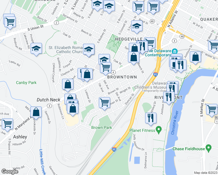 map of restaurants, bars, coffee shops, grocery stores, and more near 107 6th Avenue in Wilmington