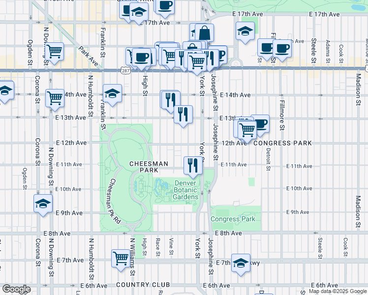 map of restaurants, bars, coffee shops, grocery stores, and more near 1175 North Gaylord Street in Denver