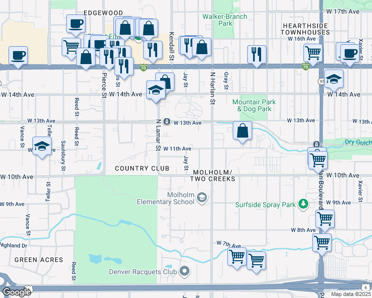 map of restaurants, bars, coffee shops, grocery stores, and more near 6201 West 11th Avenue in Lakewood