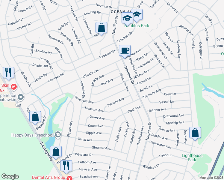 map of restaurants, bars, coffee shops, grocery stores, and more near 139 Mizzen Avenue in Stafford Township