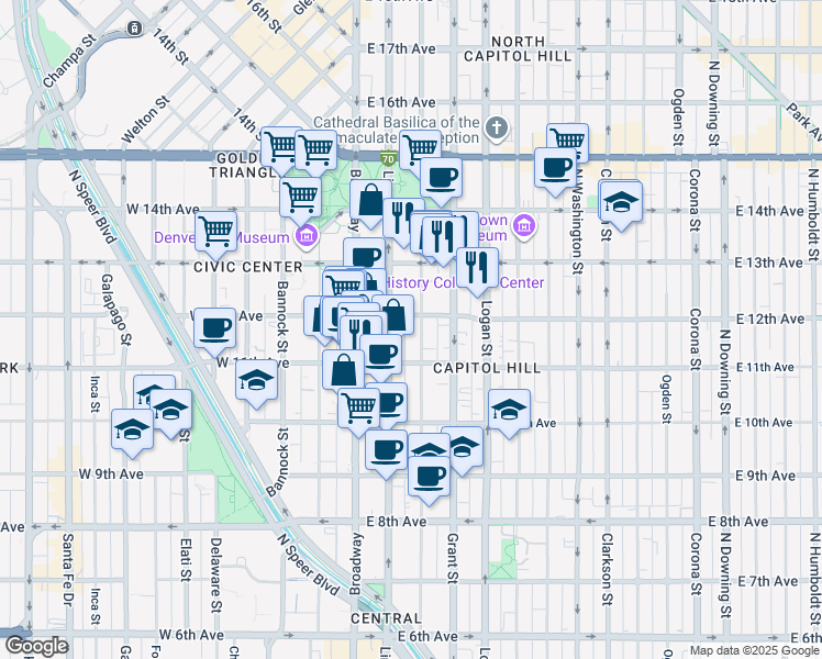 map of restaurants, bars, coffee shops, grocery stores, and more near 1145 Sherman Street in Denver