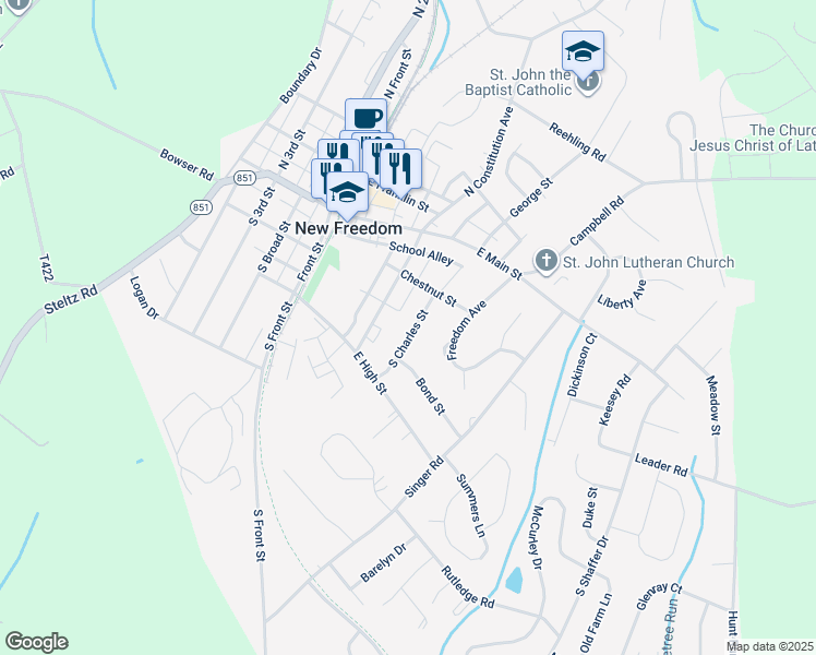 map of restaurants, bars, coffee shops, grocery stores, and more near in New Freedom