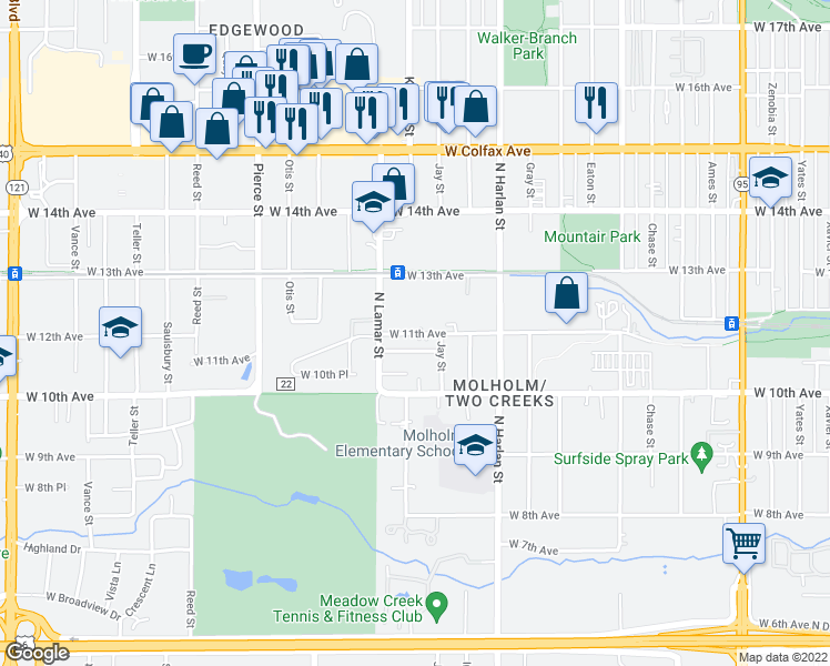 map of restaurants, bars, coffee shops, grocery stores, and more near 6273 West 11th Avenue in Lakewood