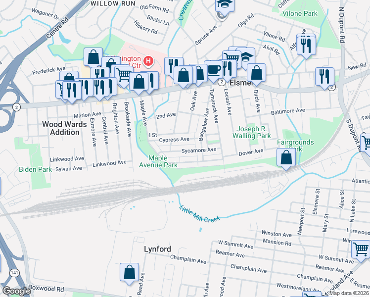 map of restaurants, bars, coffee shops, grocery stores, and more near 1323 Sycamore Avenue in Wilmington