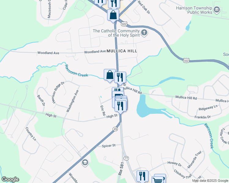 map of restaurants, bars, coffee shops, grocery stores, and more near 8 South Main Street in Harrison Township