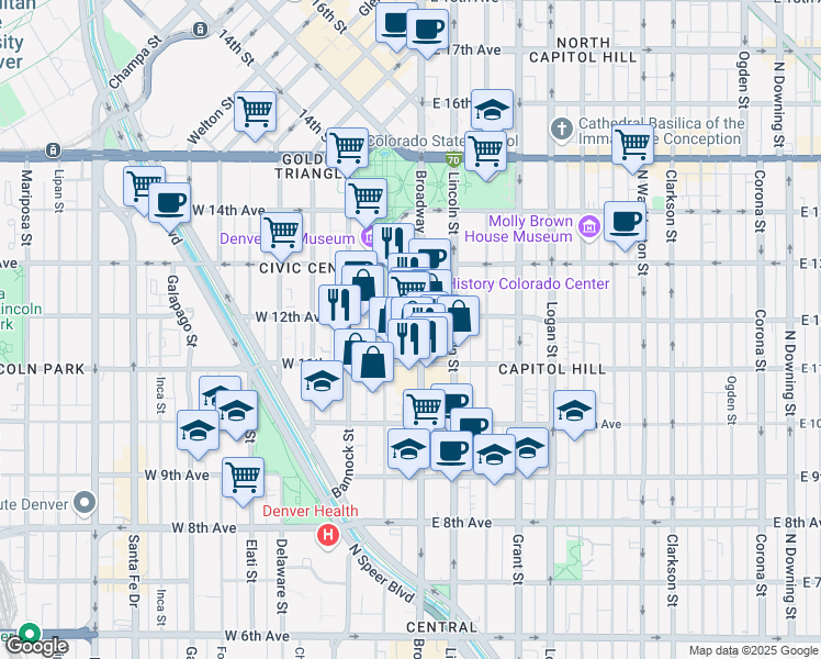 map of restaurants, bars, coffee shops, grocery stores, and more near 1147 Broadway in Denver