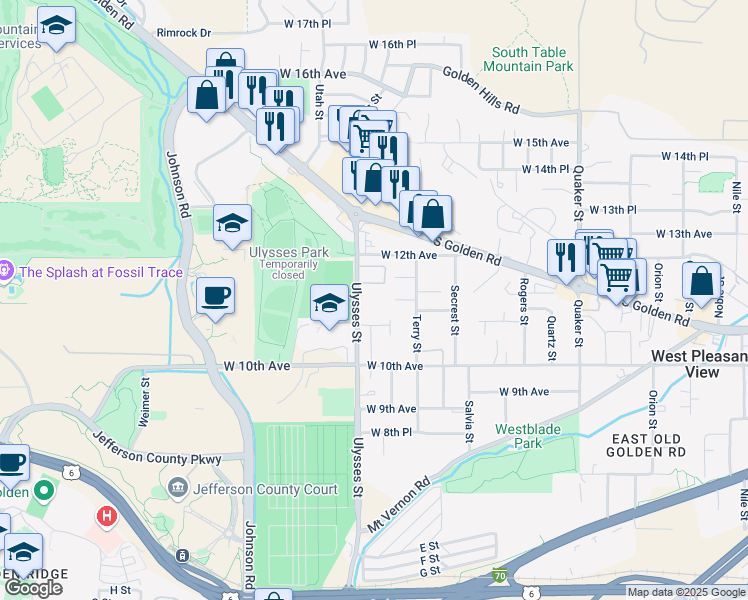 map of restaurants, bars, coffee shops, grocery stores, and more near 1100 Ulysses Street in Golden
