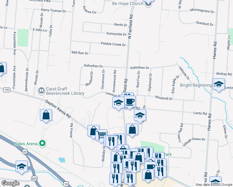 map of restaurants, bars, coffee shops, grocery stores, and more near 3336 Lawson Drive in Dayton