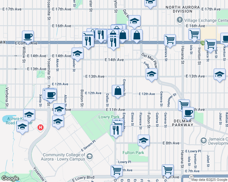 map of restaurants, bars, coffee shops, grocery stores, and more near 1203 Dayton Street in Aurora