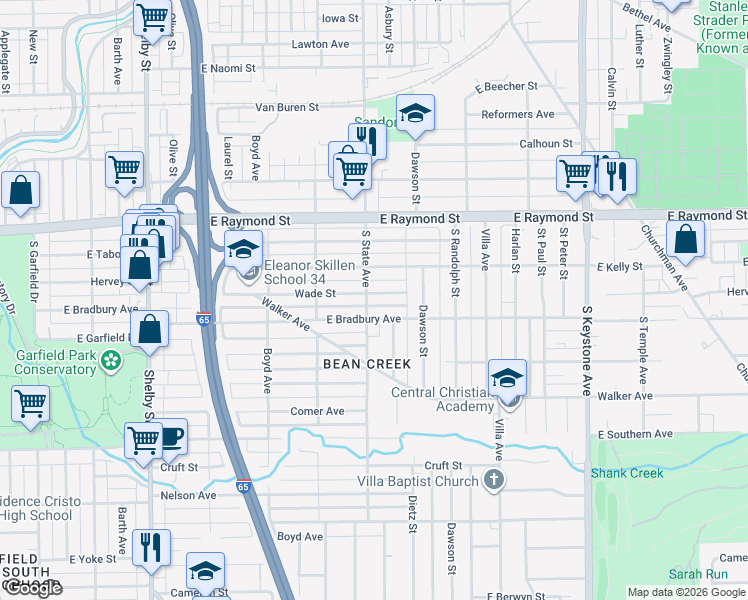 map of restaurants, bars, coffee shops, grocery stores, and more near 1707 Wade St in Indianapolis