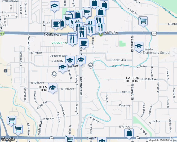 map of restaurants, bars, coffee shops, grocery stores, and more near 15574 East 12th Avenue in Aurora