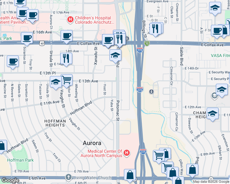 map of restaurants, bars, coffee shops, grocery stores, and more near 1224 Yuba Street in Aurora