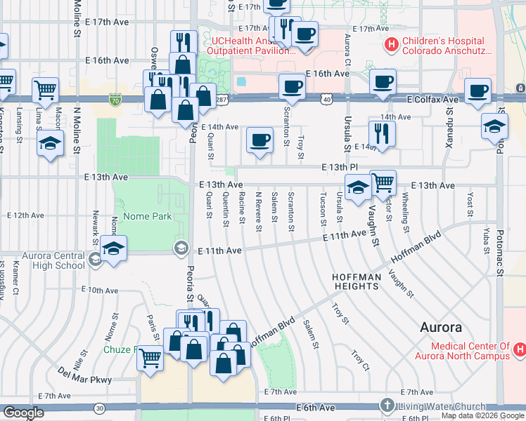 map of restaurants, bars, coffee shops, grocery stores, and more near 1221 Salem Street in Aurora