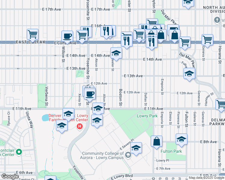 map of restaurants, bars, coffee shops, grocery stores, and more near 1179 Beeler Street in Aurora