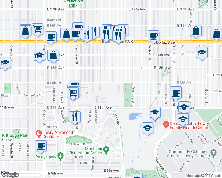 map of restaurants, bars, coffee shops, grocery stores, and more near 8000 East 12th Avenue in Denver