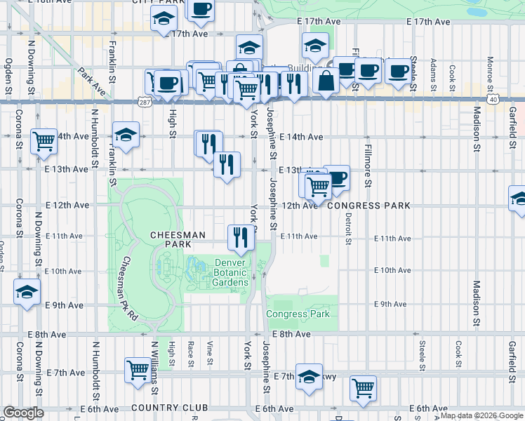map of restaurants, bars, coffee shops, grocery stores, and more near in Denver