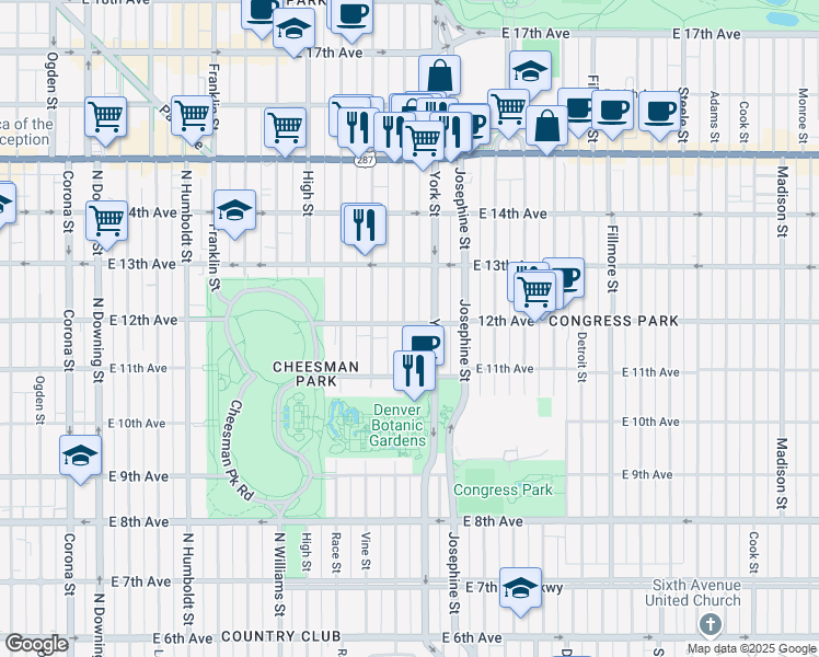 map of restaurants, bars, coffee shops, grocery stores, and more near 1175 North Gaylord Street in Denver