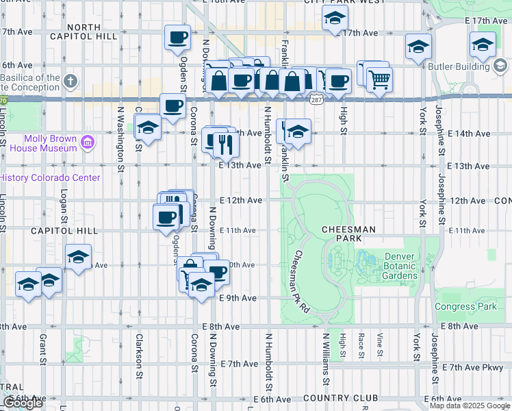 map of restaurants, bars, coffee shops, grocery stores, and more near 1420 East 12th Avenue in Denver