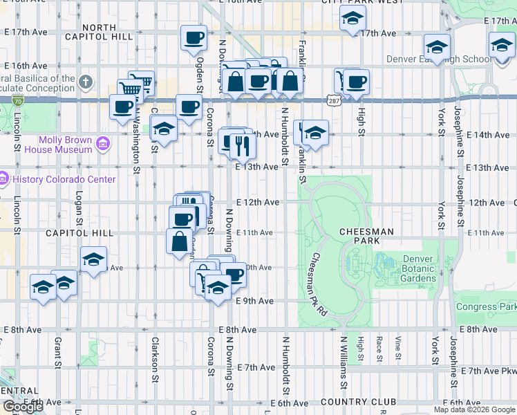 map of restaurants, bars, coffee shops, grocery stores, and more near 1168 North Marion Street in Denver