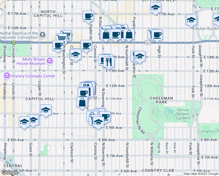 map of restaurants, bars, coffee shops, grocery stores, and more near 1168 North Marion Street in Denver