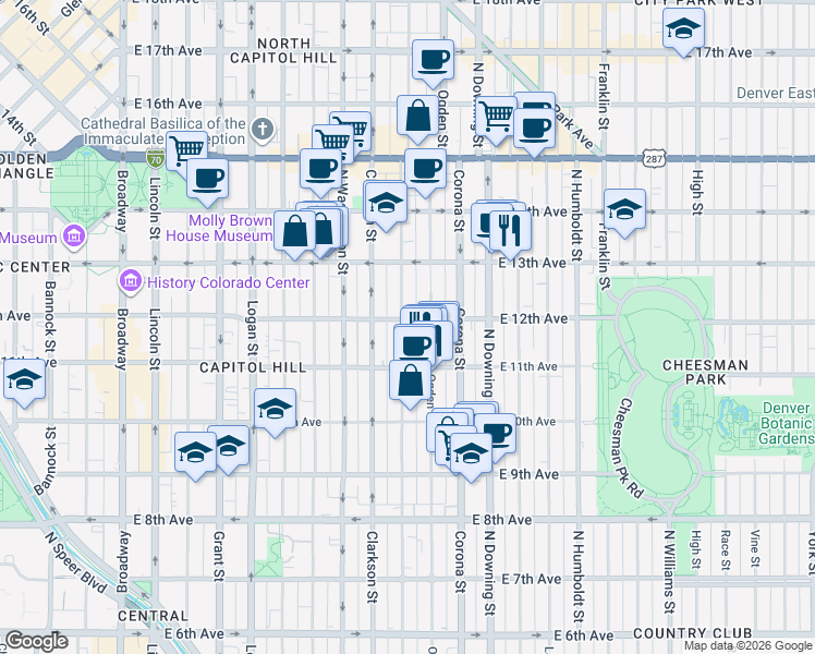 map of restaurants, bars, coffee shops, grocery stores, and more near 910 East 12th Avenue in Denver