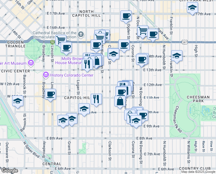 map of restaurants, bars, coffee shops, grocery stores, and more near 810 East 12th Avenue in Denver