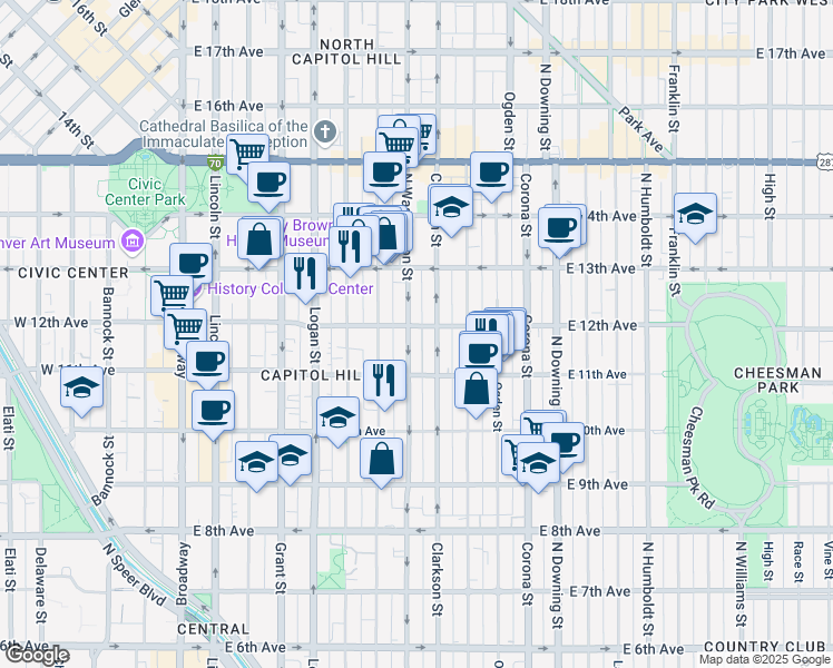 map of restaurants, bars, coffee shops, grocery stores, and more near in Denver