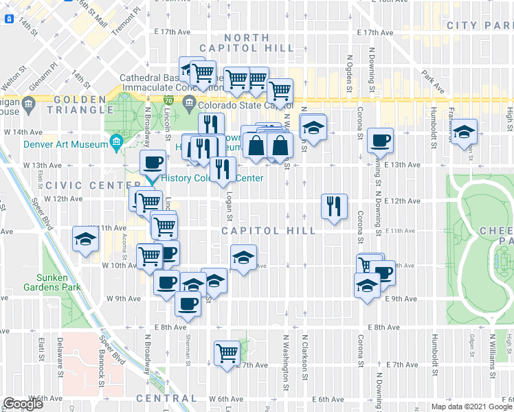 map of restaurants, bars, coffee shops, grocery stores, and more near in Denver