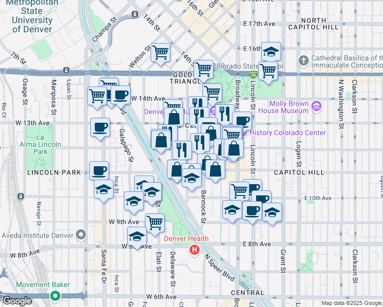 map of restaurants, bars, coffee shops, grocery stores, and more near 226 West 12th Avenue in Denver