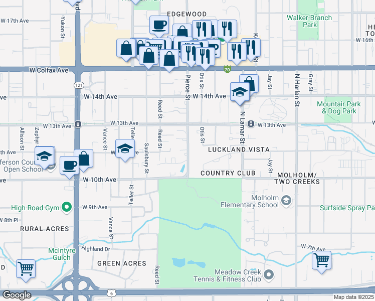 map of restaurants, bars, coffee shops, grocery stores, and more near 1204 Pierce Street in Denver