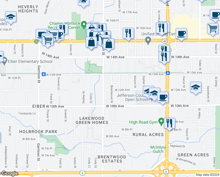 map of restaurants, bars, coffee shops, grocery stores, and more near 1201 Brentwood Street in Lakewood