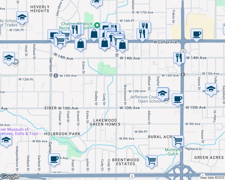map of restaurants, bars, coffee shops, grocery stores, and more near 1107 Carr Street in Lakewood