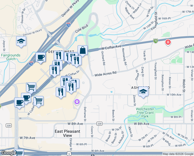 map of restaurants, bars, coffee shops, grocery stores, and more near 13670 Wide Acres Road in Golden