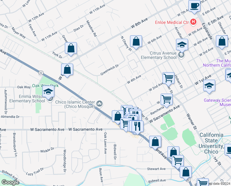 map of restaurants, bars, coffee shops, grocery stores, and more near 935 West 4th Avenue in Chico