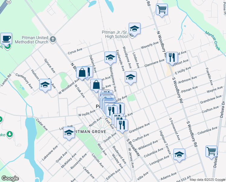 map of restaurants, bars, coffee shops, grocery stores, and more near 56 Arbutus Avenue in Pitman